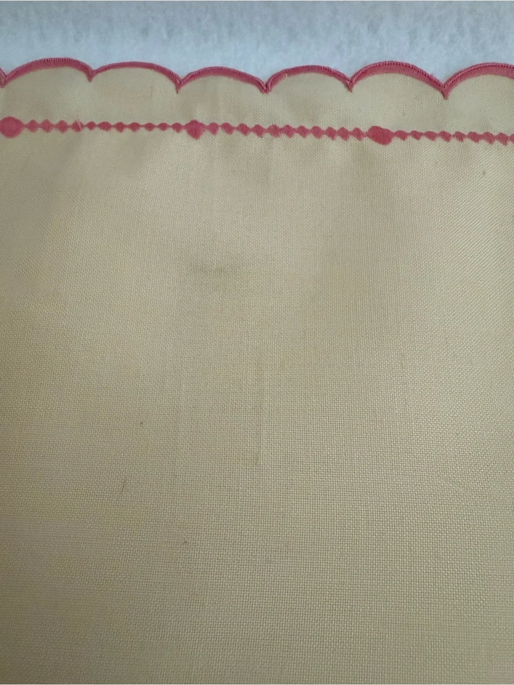 Ivory Pink & Green Floral Embroidered Pillowcase, Scalloped Edge, 33x 23 VTG